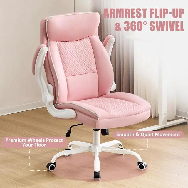 Alt view image 6 of 6 - Leather Office Chair, Computer Desk Chair with Lumbar Support,Height Adjustment, Comfortable Excutive Task Chairs 400lbs with Padded Flip-up Armrests, Pink