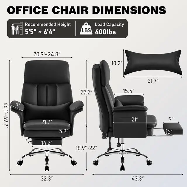 Alt view image 2 of 6 - Leather Home Office Chair with Footrest 400lbs, High Back Rolling Desk Chair with Lumbar Support Soft Armrests, Excutive Office Chairs with Wheels Height Adjustable Rocking Swivel Functions,Black
