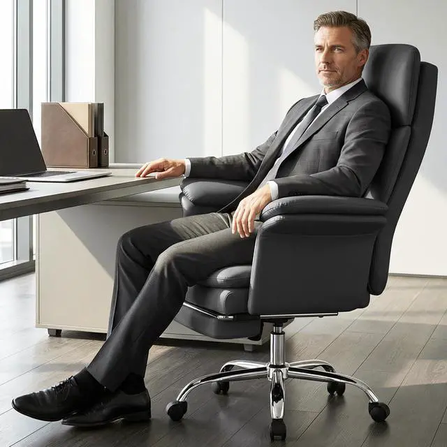 Alt view image 3 of 6 - Leather Home Office Chair with Footrest 400lbs, High Back Rolling Desk Chair with Lumbar Support Soft Armrests, Excutive Office Chairs with Wheels Height Adjustable Rocking Swivel Functions,Black