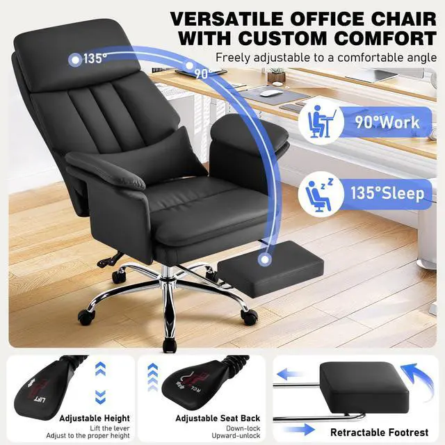 Alt view image 4 of 6 - Leather Home Office Chair with Footrest 400lbs, High Back Rolling Desk Chair with Lumbar Support Soft Armrests, Excutive Office Chairs with Wheels Height Adjustable Rocking Swivel Functions,Black