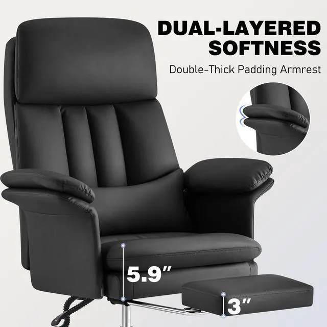 Alt view image 6 of 6 - Leather Home Office Chair with Footrest 400lbs, High Back Rolling Desk Chair with Lumbar Support Soft Armrests, Excutive Office Chairs with Wheels Height Adjustable Rocking Swivel Functions,Black