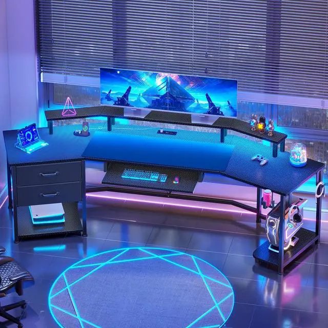 Main image of 79" Gaming Desk with 2 Fabric Drawers, Long Computer Desk with Power Strip & LED Lights, U Shaped Desks with Storage and Cup Holder, Large Gaming Table for Bedroom, Carbon Fiber Black