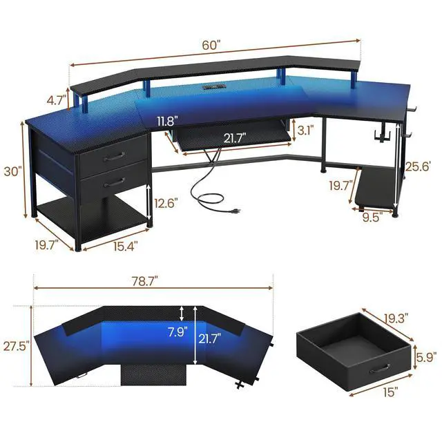 Alt view image 2 of 6 - 79" Gaming Desk with 2 Fabric Drawers, Long Computer Desk with Power Strip & LED Lights, U Shaped Desks with Storage and Cup Holder, Large Gaming Table for Bedroom, Carbon Fiber Black