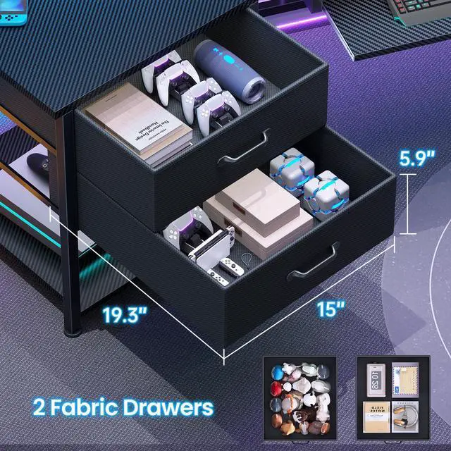 Alt view image 4 of 6 - 79" Gaming Desk with 2 Fabric Drawers, Long Computer Desk with Power Strip & LED Lights, U Shaped Desks with Storage and Cup Holder, Large Gaming Table for Bedroom, Carbon Fiber Black