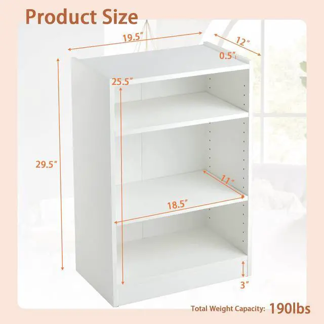 Alt view image 3 of 6 - 3 Tier Bookcase, Floor Standing Open Bookshelf with 18-Position Adjustable Shelves, Anti-toppling Device, Modern Multipurpose Display Storage Organizer for Living Room Study (2, White)