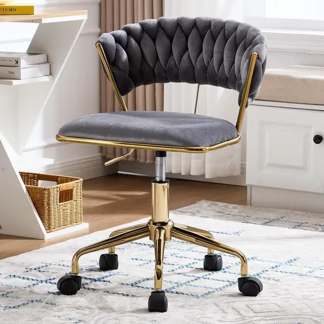 Main image of Home Office Chair, Velvet Upholstered Task Chair with Woven Open Back, 360° Swivel Desk Chair with Wheels, Adjustable Vanity Chair, Computer Chair for Office, Studio (Grey)