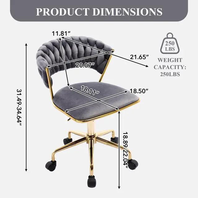 Alt view image 2 of 6 - Home Office Chair, Velvet Upholstered Task Chair with Woven Open Back, 360° Swivel Desk Chair with Wheels, Adjustable Vanity Chair, Computer Chair for Office, Studio (Grey)