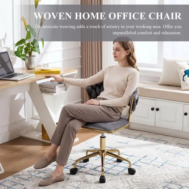 Alt view image 3 of 6 - Home Office Chair, Velvet Upholstered Task Chair with Woven Open Back, 360° Swivel Desk Chair with Wheels, Adjustable Vanity Chair, Computer Chair for Office, Studio (Grey)