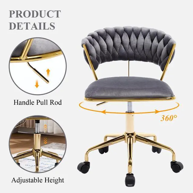 Alt view image 4 of 6 - Home Office Chair, Velvet Upholstered Task Chair with Woven Open Back, 360° Swivel Desk Chair with Wheels, Adjustable Vanity Chair, Computer Chair for Office, Studio (Grey)