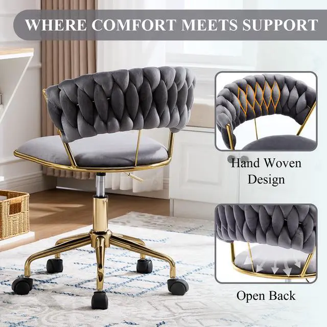 Alt view image 5 of 6 - Home Office Chair, Velvet Upholstered Task Chair with Woven Open Back, 360° Swivel Desk Chair with Wheels, Adjustable Vanity Chair, Computer Chair for Office, Studio (Grey)
