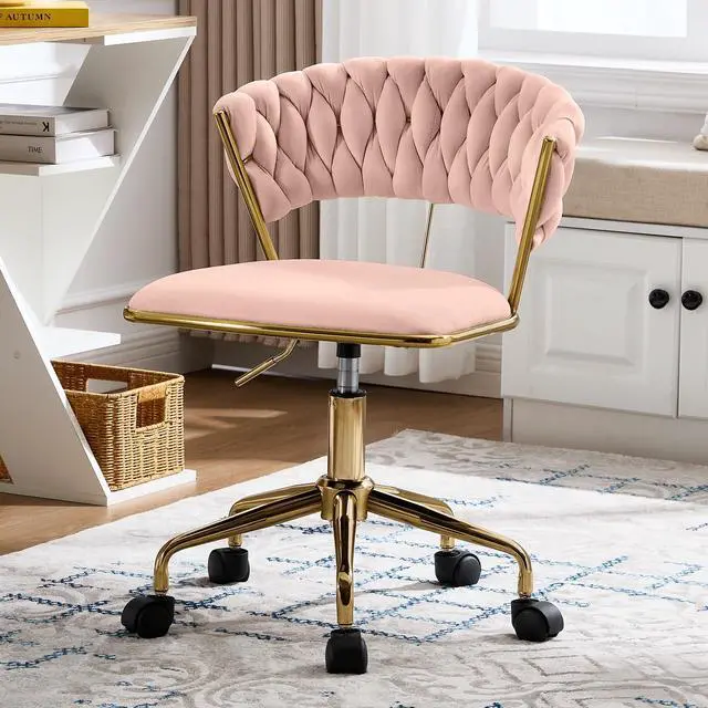 Main image of Home Office Chair, Velvet Upholstered Task Chair with Woven Open Back, 360° Swivel Desk Chair with Wheels, Adjustable Vanity Chair, Computer Chair for Office, Studio (Pink)