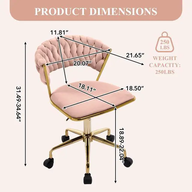 Alt view image 2 of 6 - Home Office Chair, Velvet Upholstered Task Chair with Woven Open Back, 360° Swivel Desk Chair with Wheels, Adjustable Vanity Chair, Computer Chair for Office, Studio (Pink)