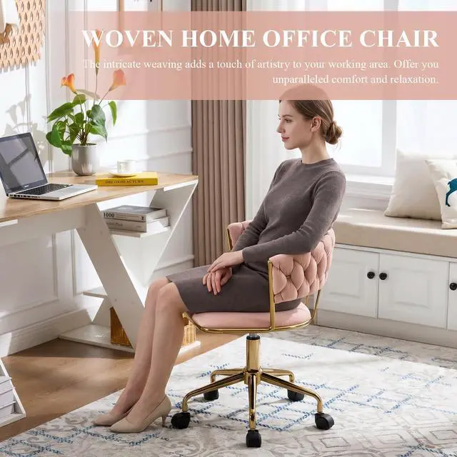 Alt view image 3 of 6 - Home Office Chair, Velvet Upholstered Task Chair with Woven Open Back, 360° Swivel Desk Chair with Wheels, Adjustable Vanity Chair, Computer Chair for Office, Studio (Pink)