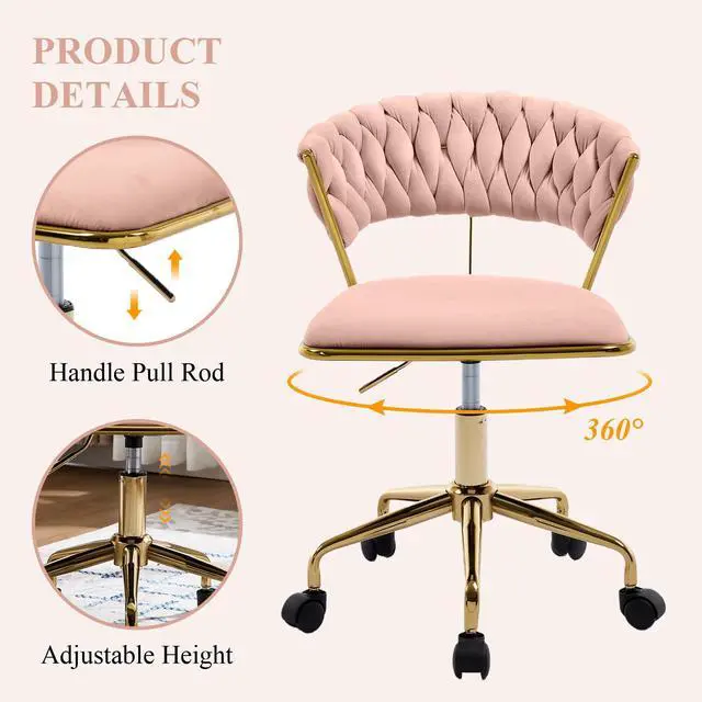 Alt view image 4 of 6 - Home Office Chair, Velvet Upholstered Task Chair with Woven Open Back, 360° Swivel Desk Chair with Wheels, Adjustable Vanity Chair, Computer Chair for Office, Studio (Pink)