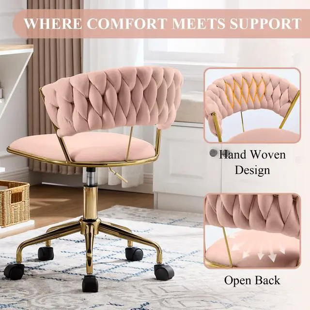 Alt view image 5 of 6 - Home Office Chair, Velvet Upholstered Task Chair with Woven Open Back, 360° Swivel Desk Chair with Wheels, Adjustable Vanity Chair, Computer Chair for Office, Studio (Pink)