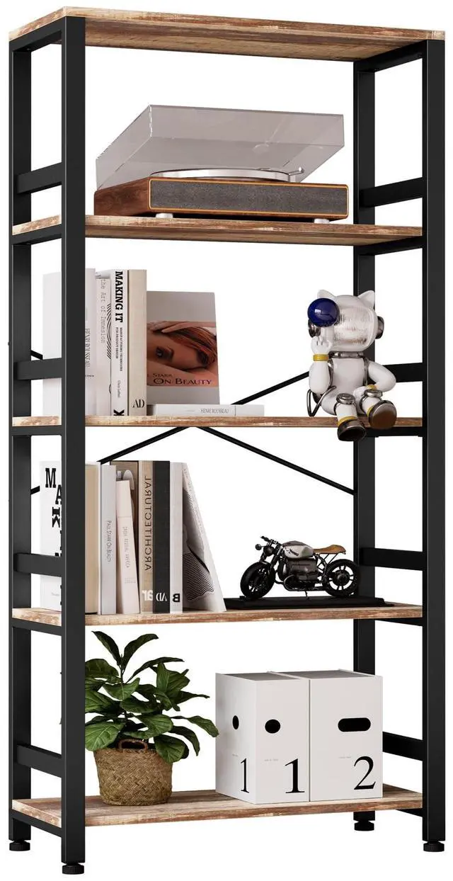Main image of Bookshelves and Bookcases, 31.5in Wide Shelf 5-Tier Ladder Shelf 110lbs/shelf Vintage Industrial Style Bookcase for Bedroom Living Room Home, Rustics Brown