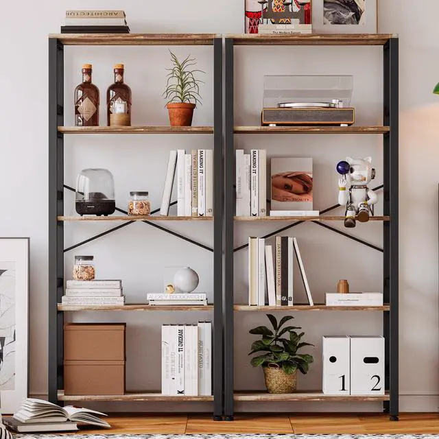 Alt view image 2 of 6 - Bookshelves and Bookcases, 31.5in Wide Shelf 5-Tier Ladder Shelf 110lbs/shelf Vintage Industrial Style Bookcase for Bedroom Living Room Home, Rustics Brown
