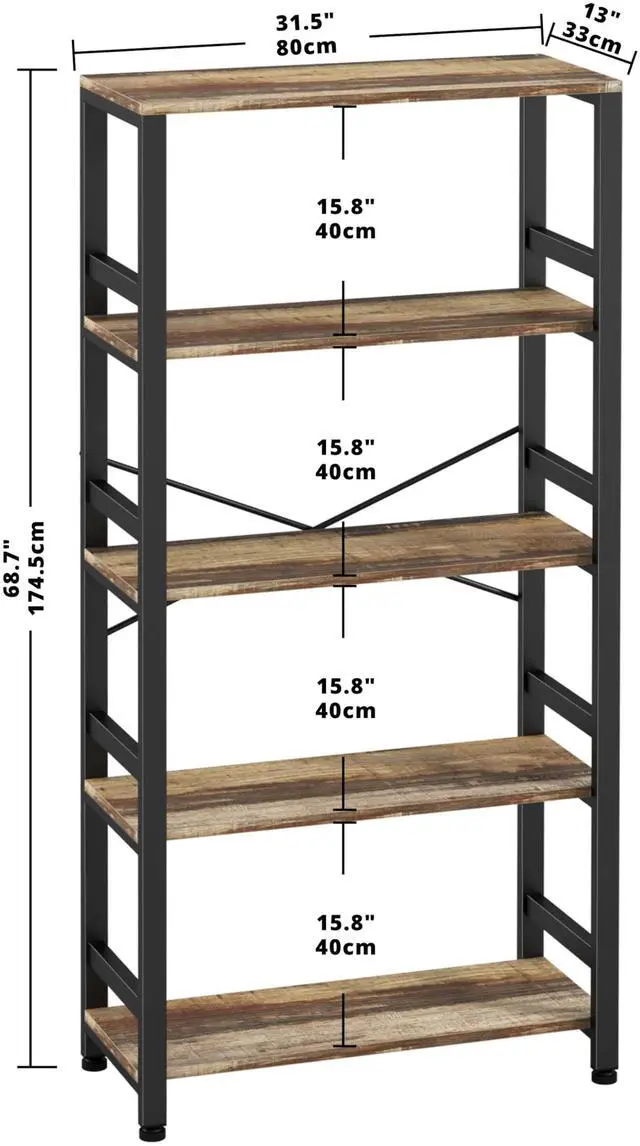 Alt view image 3 of 6 - Bookshelves and Bookcases, 31.5in Wide Shelf 5-Tier Ladder Shelf 110lbs/shelf Vintage Industrial Style Bookcase for Bedroom Living Room Home, Rustics Brown
