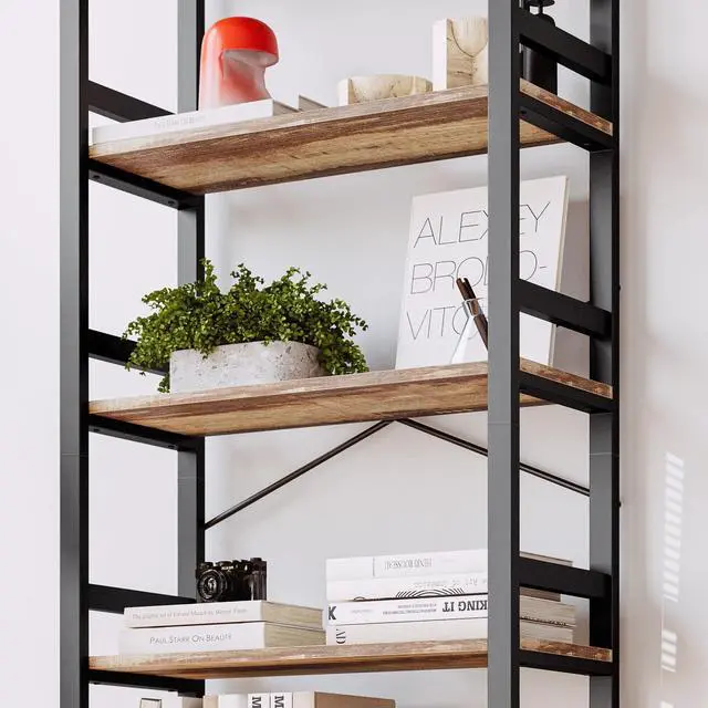 Alt view image 4 of 6 - Bookshelves and Bookcases, 31.5in Wide Shelf 5-Tier Ladder Shelf 110lbs/shelf Vintage Industrial Style Bookcase for Bedroom Living Room Home, Rustics Brown