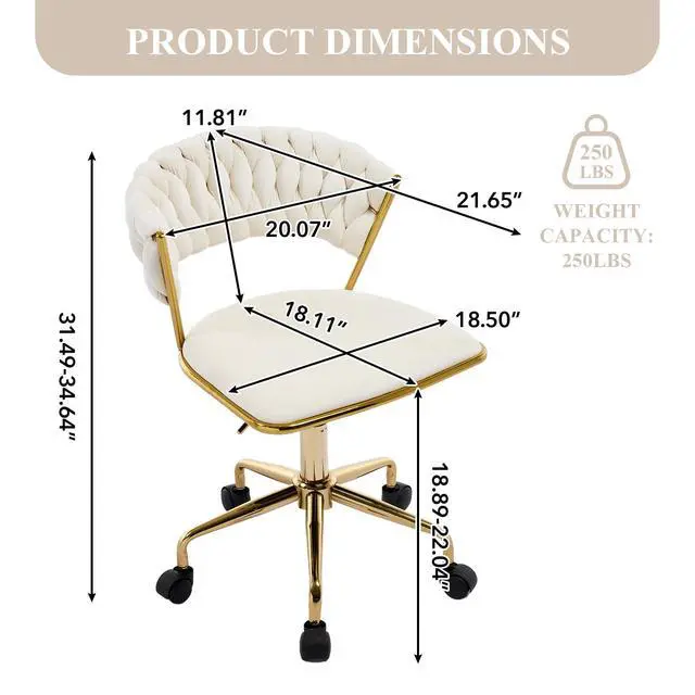 Alt view image 2 of 6 - Home Office Chair, Velvet Upholstered Task Chair with Woven Open Back, 360° Swivel Desk Chair with Wheels, Adjustable Vanity Chair, Computer Chair for Office, Studio (Beige)