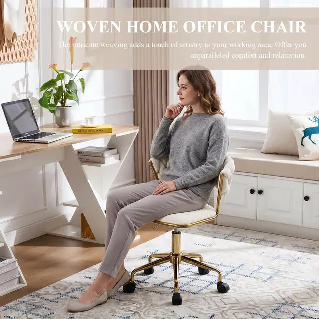Alt view image 3 of 6 - Home Office Chair, Velvet Upholstered Task Chair with Woven Open Back, 360° Swivel Desk Chair with Wheels, Adjustable Vanity Chair, Computer Chair for Office, Studio (Beige)