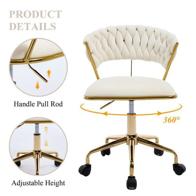 Alt view image 4 of 6 - Home Office Chair, Velvet Upholstered Task Chair with Woven Open Back, 360° Swivel Desk Chair with Wheels, Adjustable Vanity Chair, Computer Chair for Office, Studio (Beige)