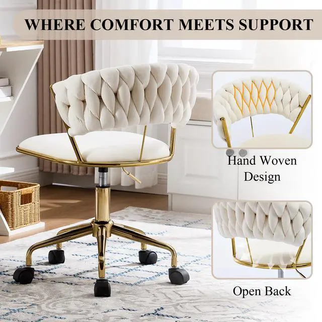 Alt view image 5 of 6 - Home Office Chair, Velvet Upholstered Task Chair with Woven Open Back, 360° Swivel Desk Chair with Wheels, Adjustable Vanity Chair, Computer Chair for Office, Studio (Beige)