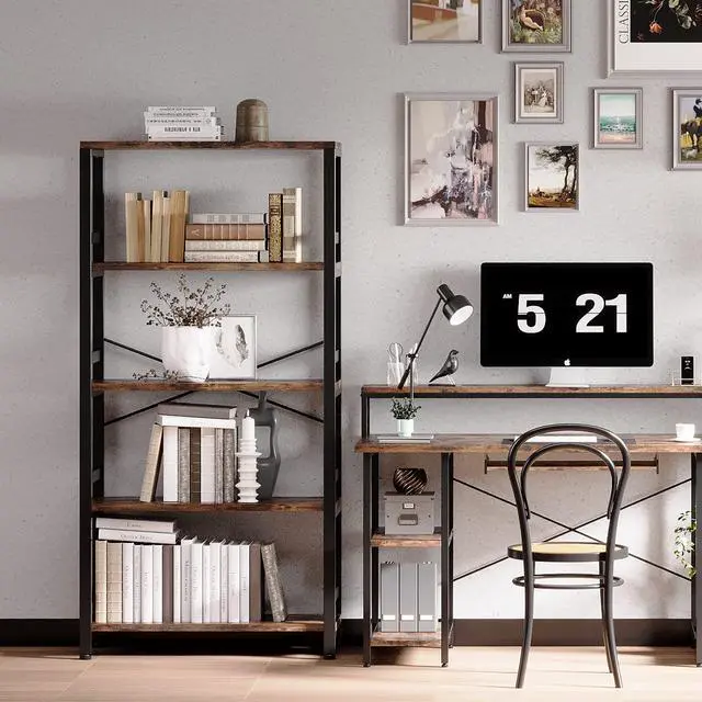 Alt view image 2 of 6 - Bookshelves and Bookcases, 31.5in Wide Shelf 5-Tier Ladder Shelf 110lbs/shelf Vintage Industrial Style Bookcase for Bedroom Living Room Home, Vintage Brown