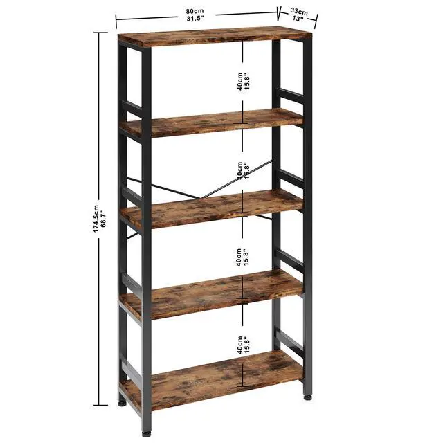 Alt view image 3 of 6 - Bookshelves and Bookcases, 31.5in Wide Shelf 5-Tier Ladder Shelf 110lbs/shelf Vintage Industrial Style Bookcase for Bedroom Living Room Home, Vintage Brown