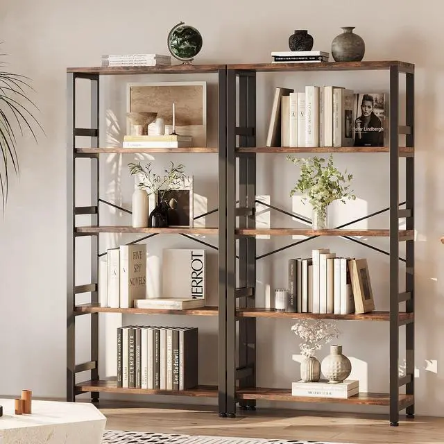 Alt view image 4 of 6 - Bookshelves and Bookcases, 31.5in Wide Shelf 5-Tier Ladder Shelf 110lbs/shelf Vintage Industrial Style Bookcase for Bedroom Living Room Home, Vintage Brown