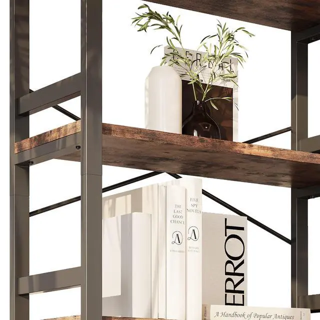 Alt view image 5 of 6 - Bookshelves and Bookcases, 31.5in Wide Shelf 5-Tier Ladder Shelf 110lbs/shelf Vintage Industrial Style Bookcase for Bedroom Living Room Home, Vintage Brown