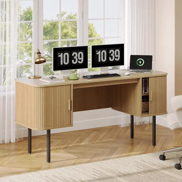 Main image of 63 Inch Fluted Computer Desk with Charging Station, Mid Century Executive Desk with 2 Storage Cabinets, Modern Home Office Large Desk with Metal Legs for Working, Studying, Writing, Oak
