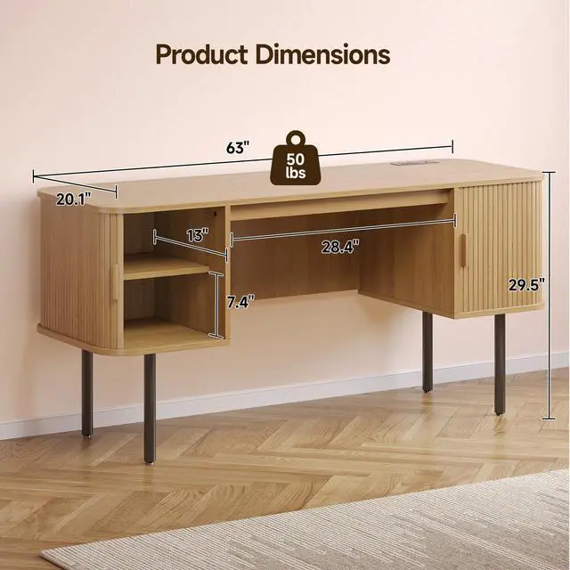 Alt view image 2 of 6 - 63 Inch Fluted Computer Desk with Charging Station, Mid Century Executive Desk with 2 Storage Cabinets, Modern Home Office Large Desk with Metal Legs for Working, Studying, Writing, Oak