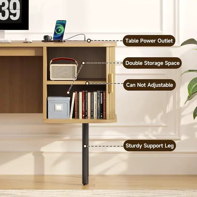 Alt view image 4 of 6 - 63 Inch Fluted Computer Desk with Charging Station, Mid Century Executive Desk with 2 Storage Cabinets, Modern Home Office Large Desk with Metal Legs for Working, Studying, Writing, Oak