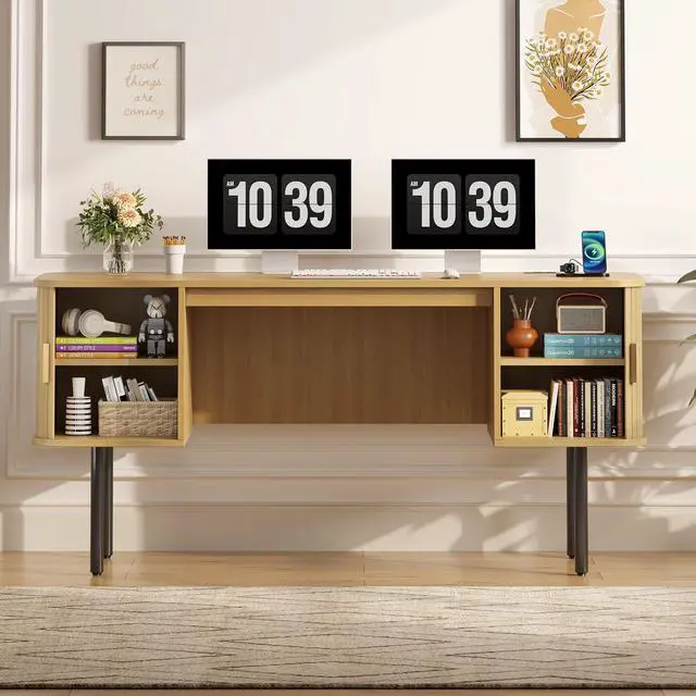 Alt view image 5 of 6 - 63 Inch Fluted Computer Desk with Charging Station, Mid Century Executive Desk with 2 Storage Cabinets, Modern Home Office Large Desk with Metal Legs for Working, Studying, Writing, Oak