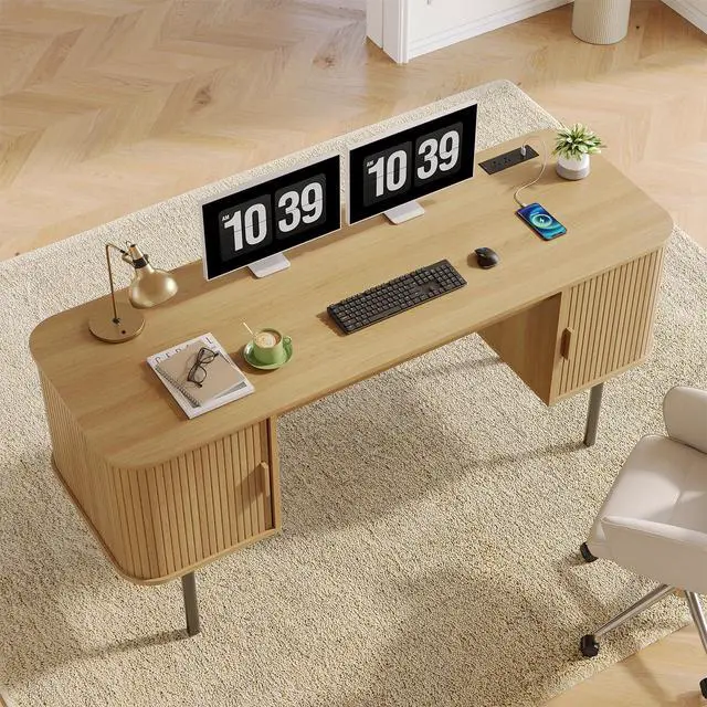 Alt view image 6 of 6 - 63 Inch Fluted Computer Desk with Charging Station, Mid Century Executive Desk with 2 Storage Cabinets, Modern Home Office Large Desk with Metal Legs for Working, Studying, Writing, Oak
