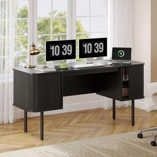 Main image of 63 Inch Fluted Computer Desk with Charging Station, Mid Century Executive Desk with 2 Storage Cabinets, Modern Home Office Large Desk with Metal Legs for Working, Studying, Writing, Black