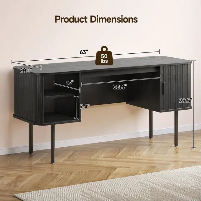Alt view image 2 of 6 - 63 Inch Fluted Computer Desk with Charging Station, Mid Century Executive Desk with 2 Storage Cabinets, Modern Home Office Large Desk with Metal Legs for Working, Studying, Writing, Black