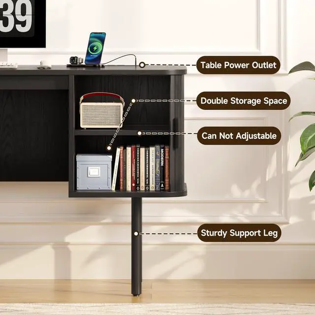 Alt view image 4 of 6 - 63 Inch Fluted Computer Desk with Charging Station, Mid Century Executive Desk with 2 Storage Cabinets, Modern Home Office Large Desk with Metal Legs for Working, Studying, Writing, Black