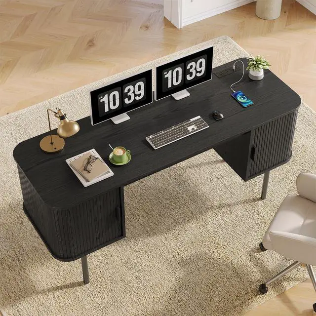 Alt view image 5 of 6 - 63 Inch Fluted Computer Desk with Charging Station, Mid Century Executive Desk with 2 Storage Cabinets, Modern Home Office Large Desk with Metal Legs for Working, Studying, Writing, Black