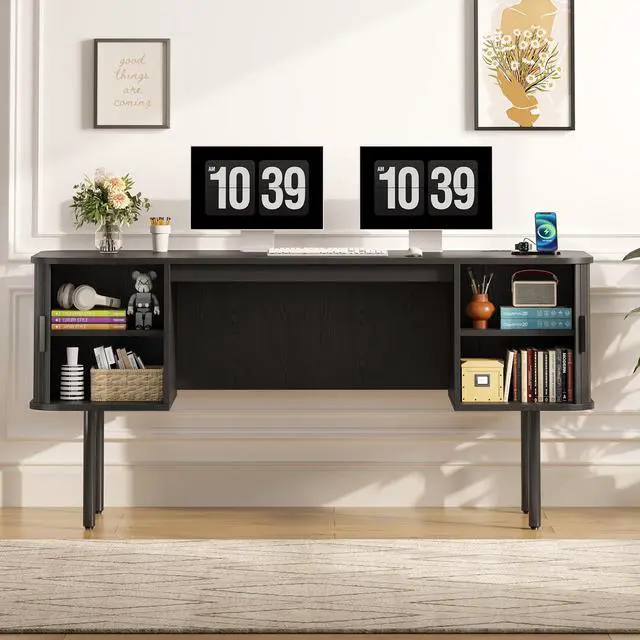 Alt view image 6 of 6 - 63 Inch Fluted Computer Desk with Charging Station, Mid Century Executive Desk with 2 Storage Cabinets, Modern Home Office Large Desk with Metal Legs for Working, Studying, Writing, Black