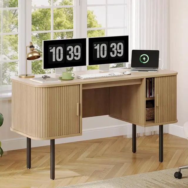Main image of 55 Inch Fluted Computer Desk with Charging Station, Mid Century Executive Desk with 2 Storage Cabinets, Modern Home Office Large Desk with Metal Legs for Working, Studying, Writing Oak