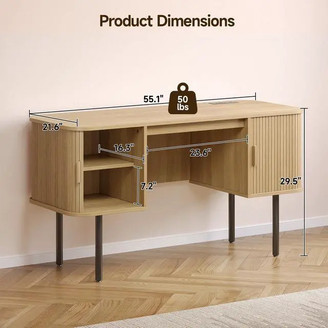 Alt view image 2 of 6 - 55 Inch Fluted Computer Desk with Charging Station, Mid Century Executive Desk with 2 Storage Cabinets, Modern Home Office Large Desk with Metal Legs for Working, Studying, Writing Oak