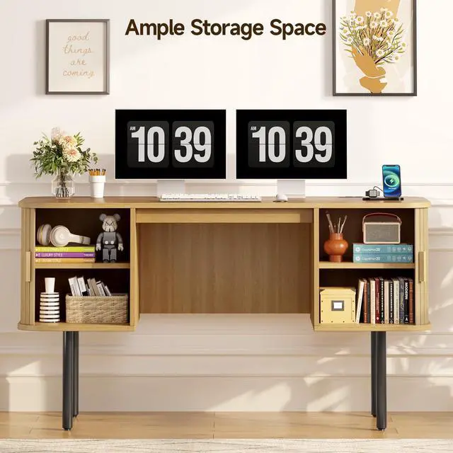 Alt view image 4 of 6 - 55 Inch Fluted Computer Desk with Charging Station, Mid Century Executive Desk with 2 Storage Cabinets, Modern Home Office Large Desk with Metal Legs for Working, Studying, Writing Oak