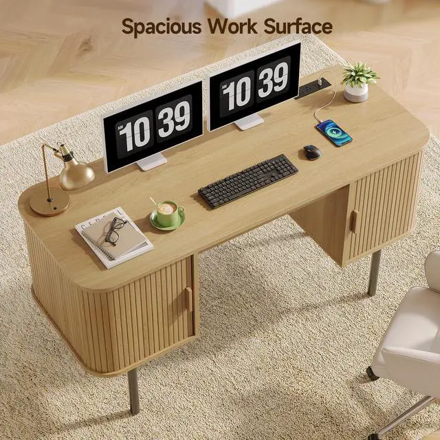 Alt view image 5 of 6 - 55 Inch Fluted Computer Desk with Charging Station, Mid Century Executive Desk with 2 Storage Cabinets, Modern Home Office Large Desk with Metal Legs for Working, Studying, Writing Oak
