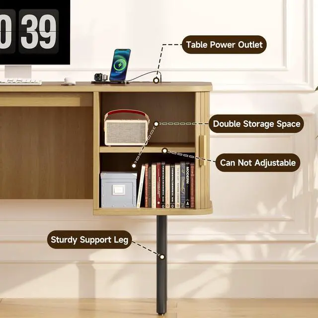 Alt view image 6 of 6 - 55 Inch Fluted Computer Desk with Charging Station, Mid Century Executive Desk with 2 Storage Cabinets, Modern Home Office Large Desk with Metal Legs for Working, Studying, Writing Oak