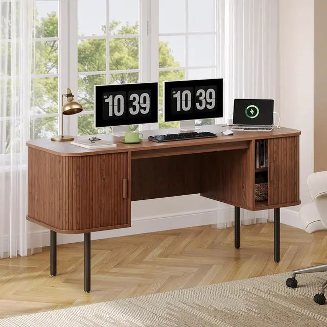 Main image of 63 Inch Fluted Computer Desk with Charging Station, Mid Century Executive Desk with 2 Storage Cabinets, Modern Home Office Large Desk with Metal Legs for Working, Studying, Writing, Walnut