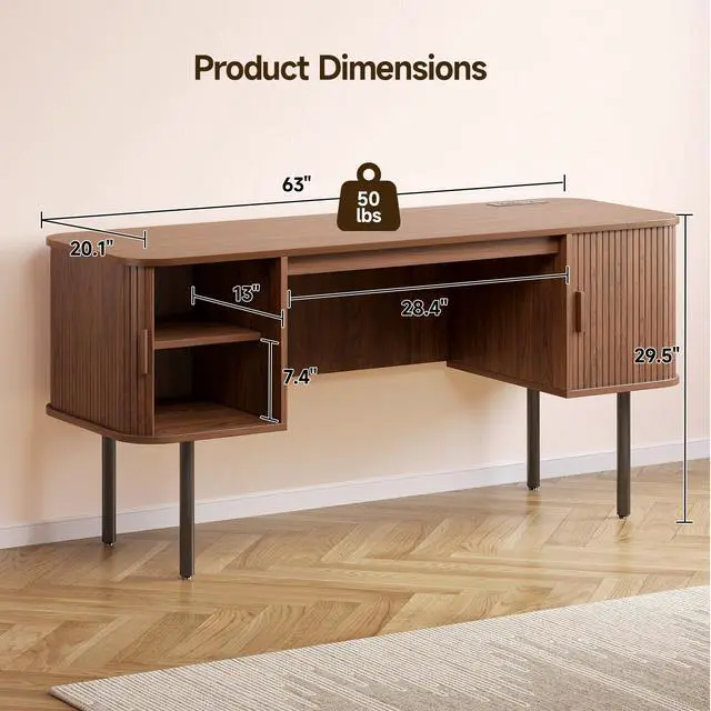 Alt view image 2 of 6 - 63 Inch Fluted Computer Desk with Charging Station, Mid Century Executive Desk with 2 Storage Cabinets, Modern Home Office Large Desk with Metal Legs for Working, Studying, Writing, Walnut