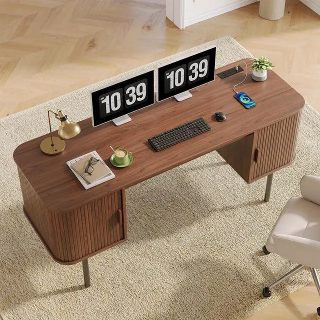 Alt view image 4 of 6 - 63 Inch Fluted Computer Desk with Charging Station, Mid Century Executive Desk with 2 Storage Cabinets, Modern Home Office Large Desk with Metal Legs for Working, Studying, Writing, Walnut