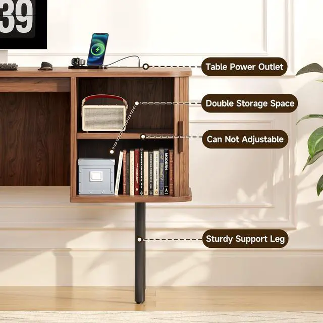Alt view image 5 of 6 - 63 Inch Fluted Computer Desk with Charging Station, Mid Century Executive Desk with 2 Storage Cabinets, Modern Home Office Large Desk with Metal Legs for Working, Studying, Writing, Walnut